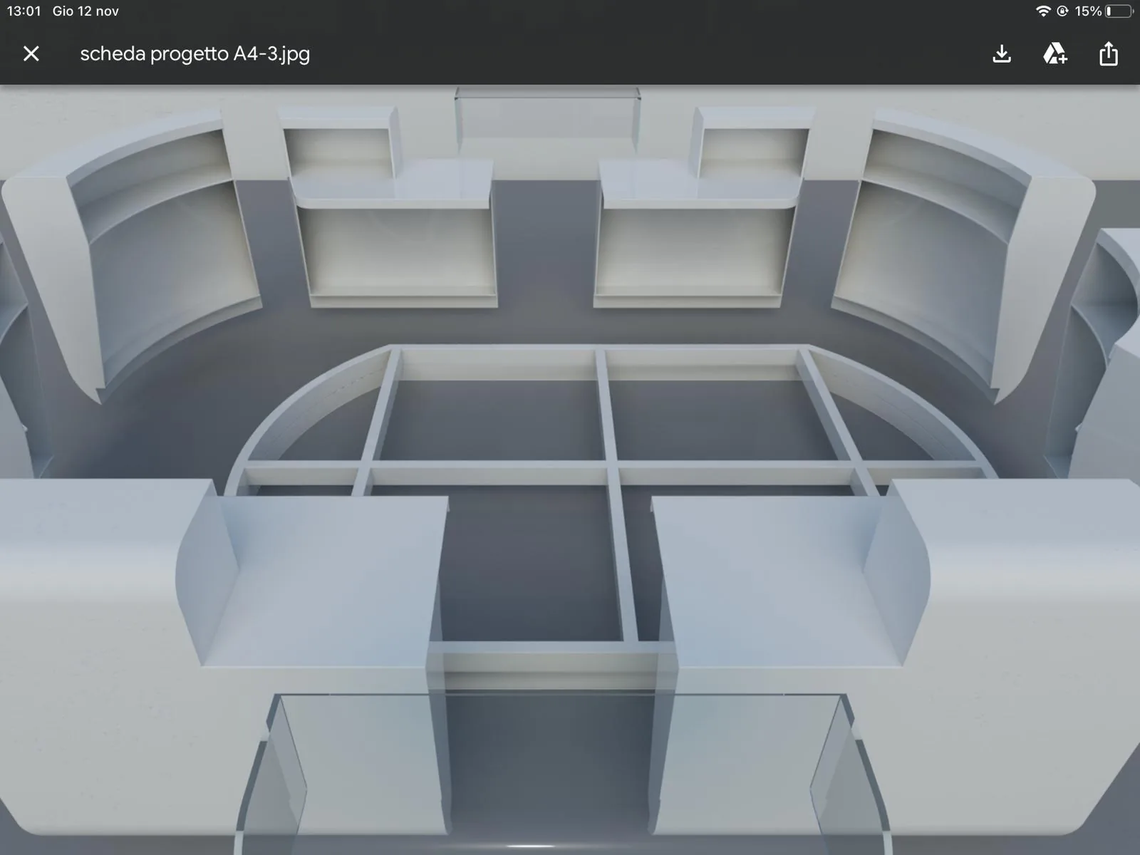 Kiosk layout render with counters, shelving and display zones, by One Revolution in Miami