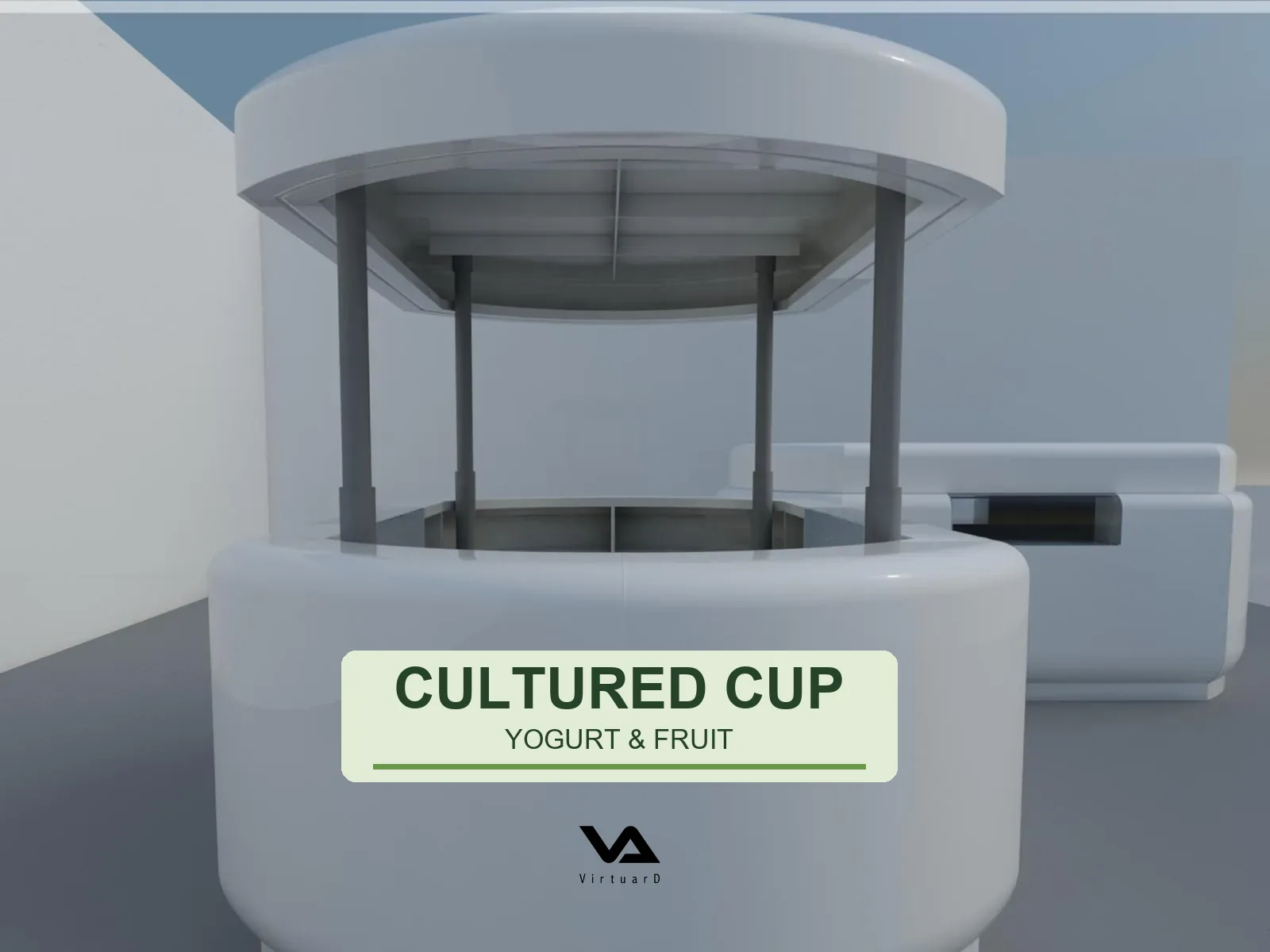 Concept mockup of a rounded food kiosk with the invented brand CULTURED CUP