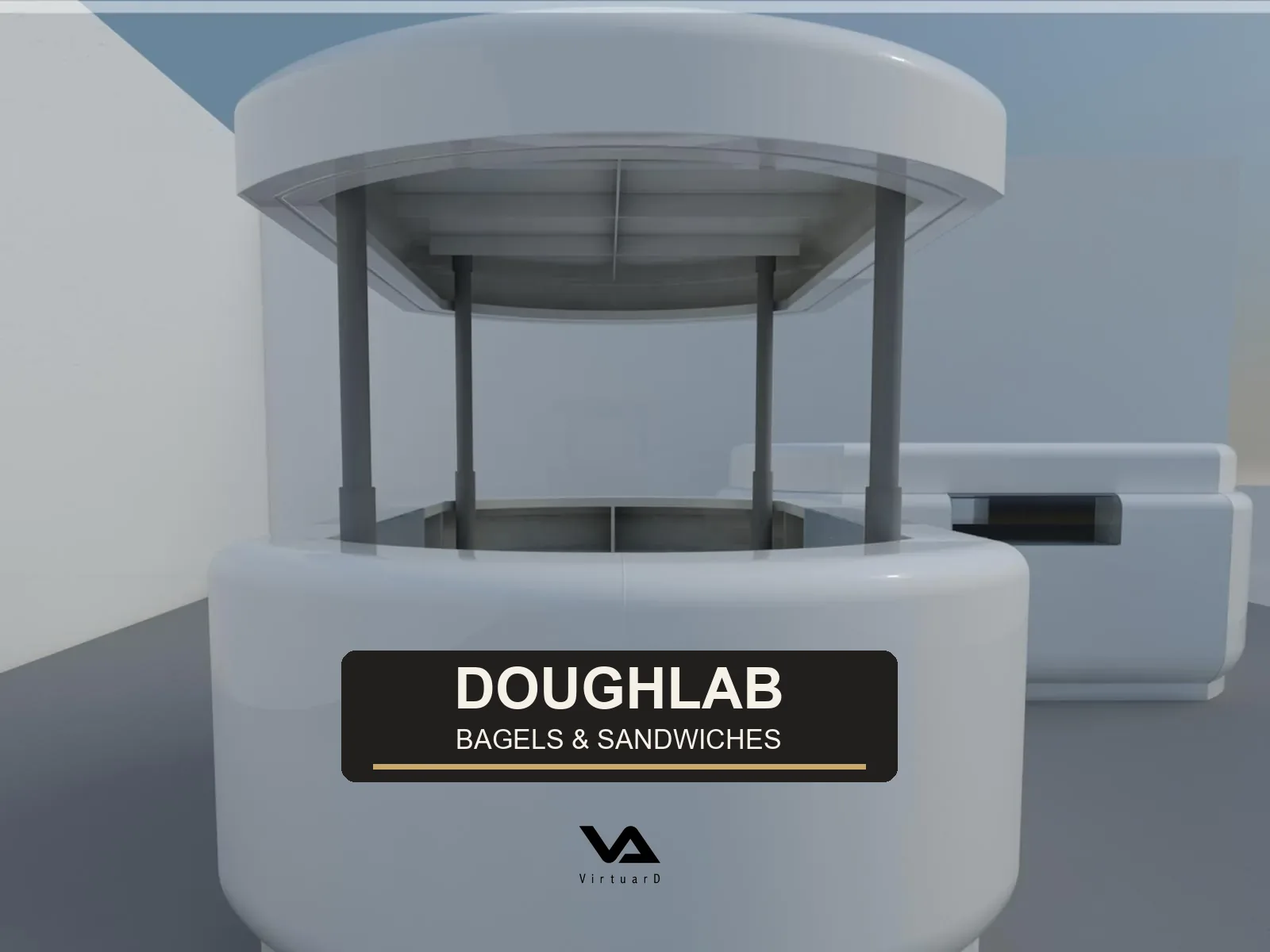 Concept mockup of a rounded food kiosk with the invented brand DOUGHLAB