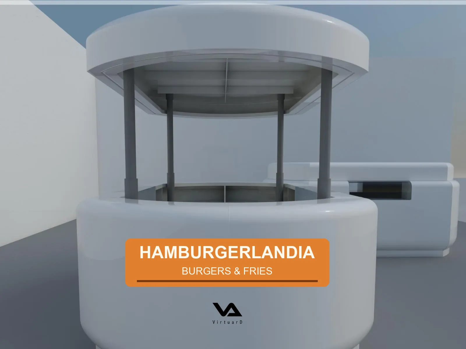 Concept mockup of a food kiosk with an orange canopy and the invented brand HAMBURGERLANDIA