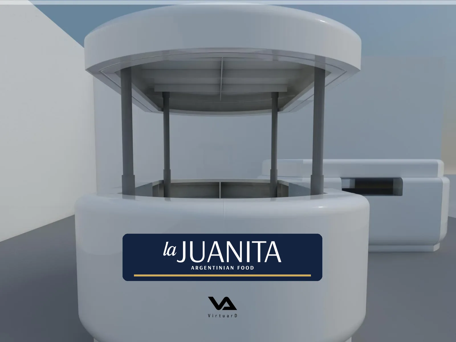 Concept mockup of a food kiosk with the La Juanita Empanadas logo