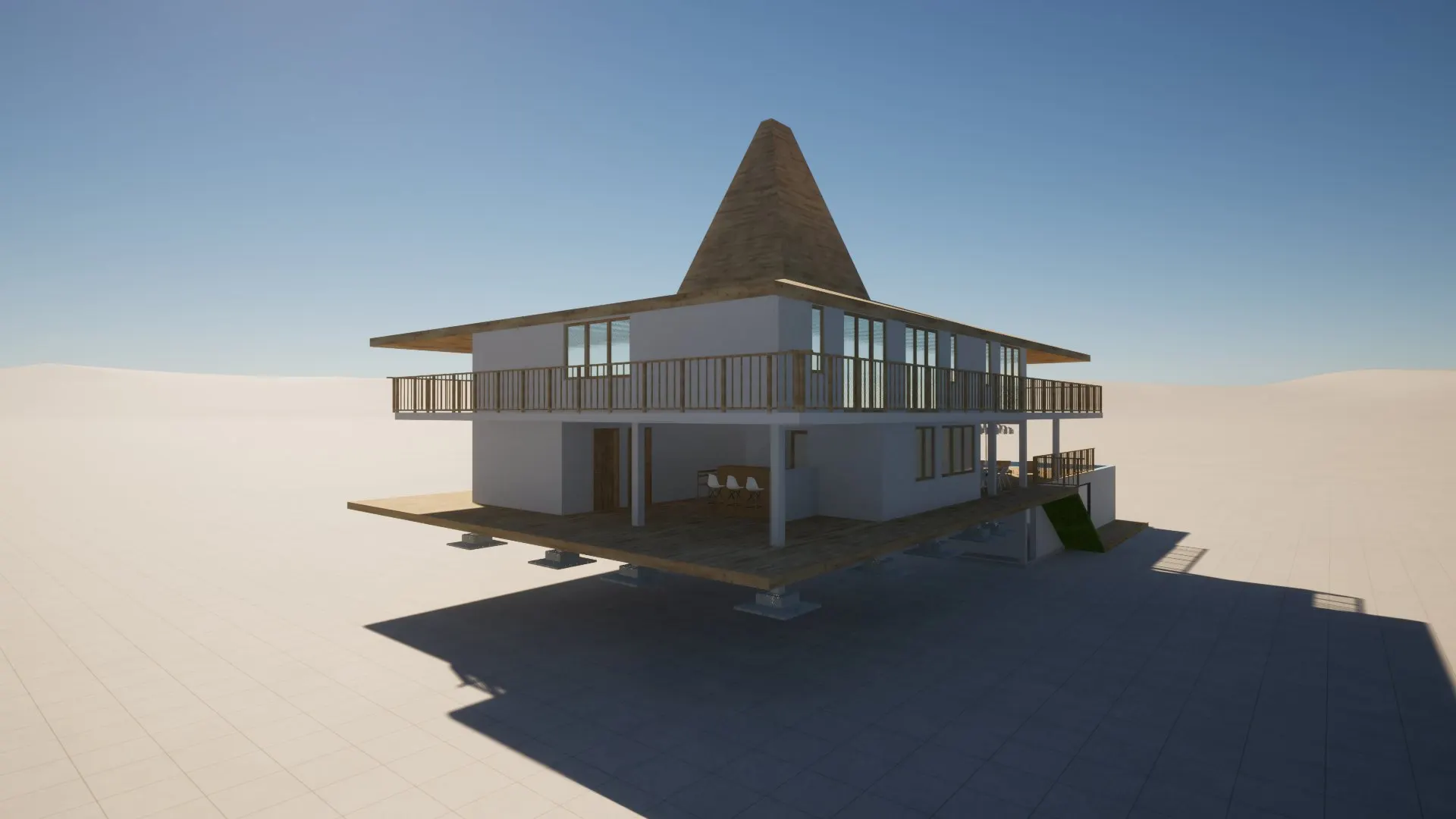 Sumba Diving Center — Modello 3D — Vista Frontale con la Terrazza Coperta