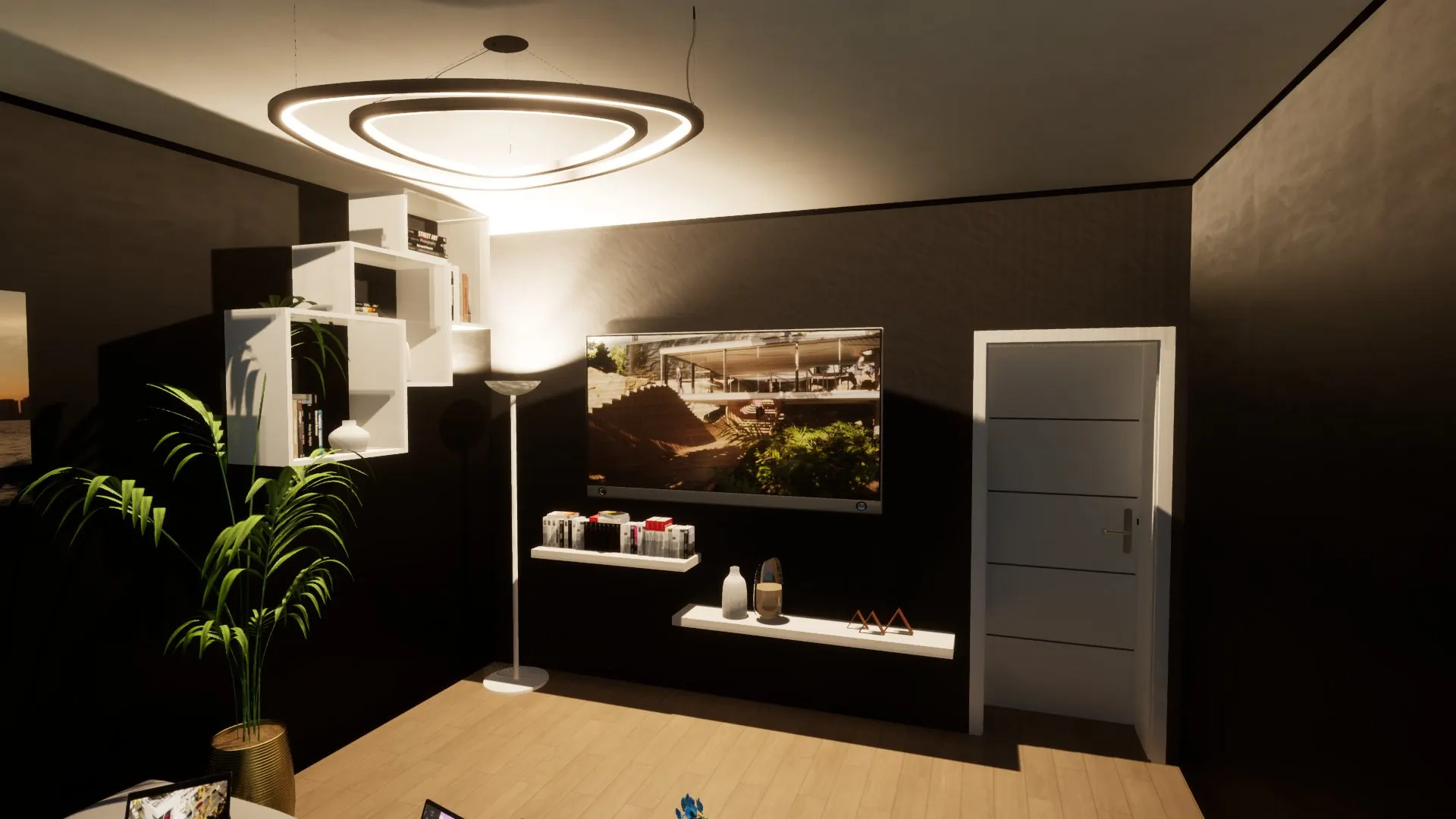 Contemporary House with Pool — Decimomannu — Modello 3D — Soggiorno con Parete Attrezzata e Soffitto LED