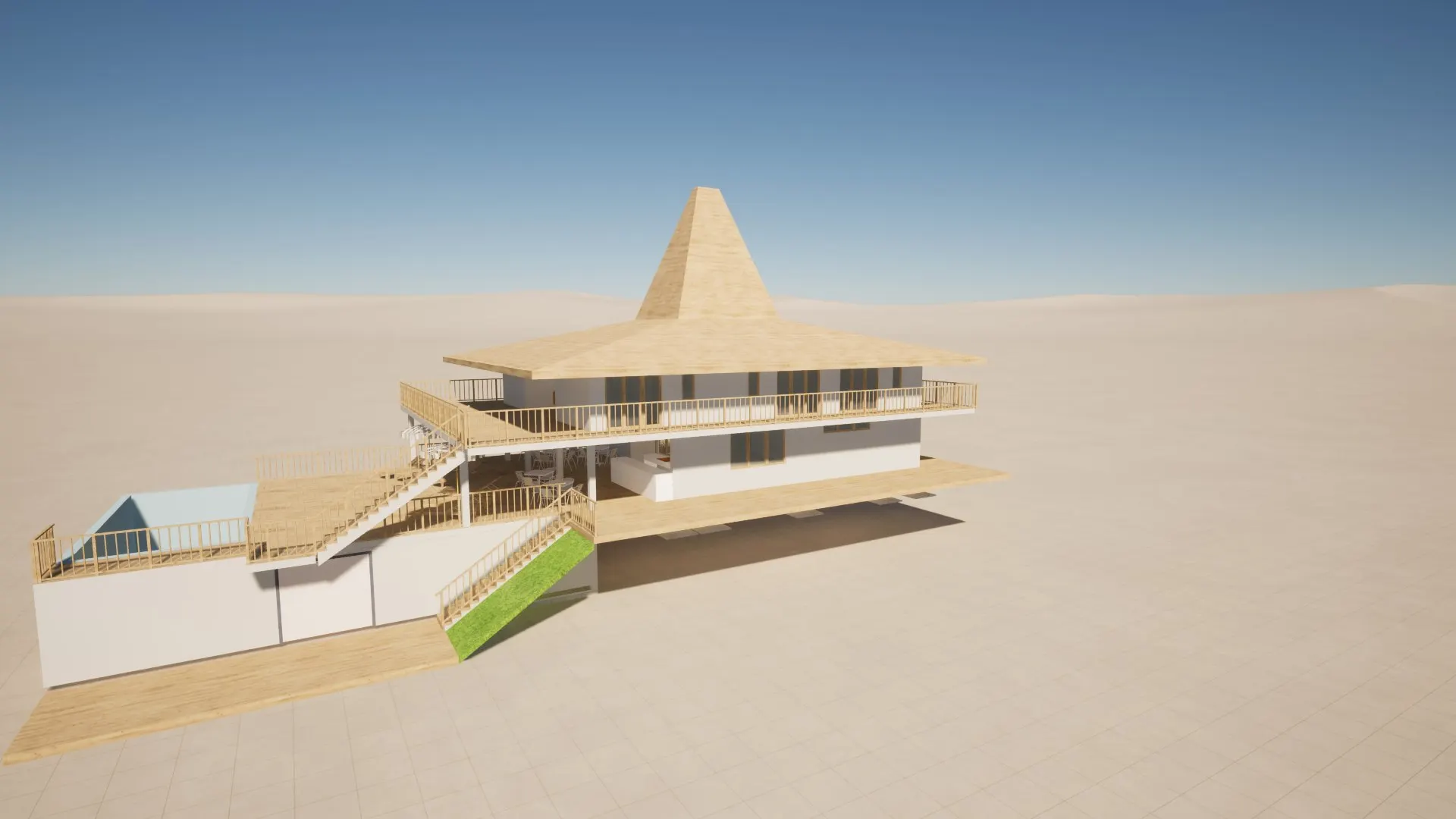 Sumba Diving Center — Modello 3D — Deck a Terrazze e Piscina da Nord