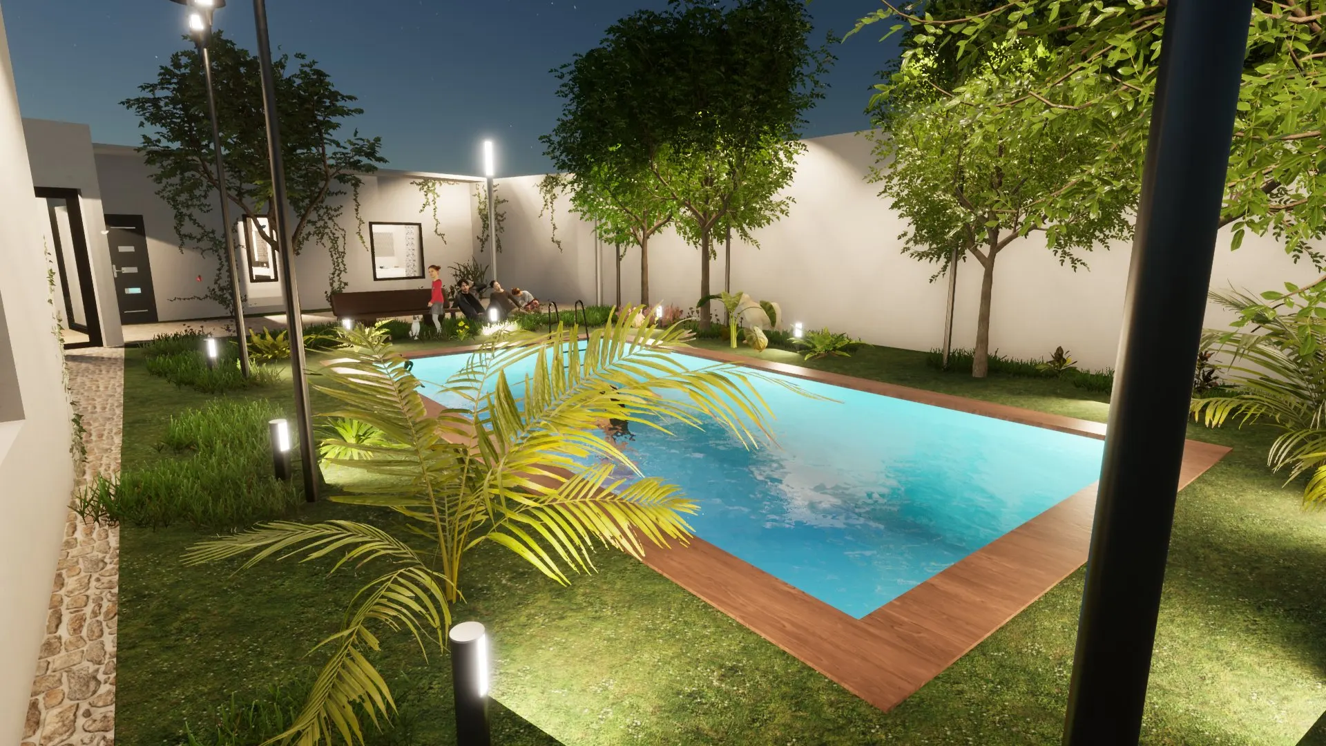 Contemporary House with Pool — Decimomannu — Modello 3D — Il Giardino e la Piscina dall’Alto