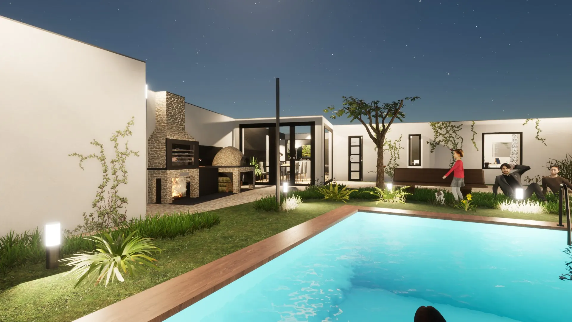 Contemporary House with Pool — Decimomannu — Modello 3D — Piscina e Cucina all’Aperto al Tramonto