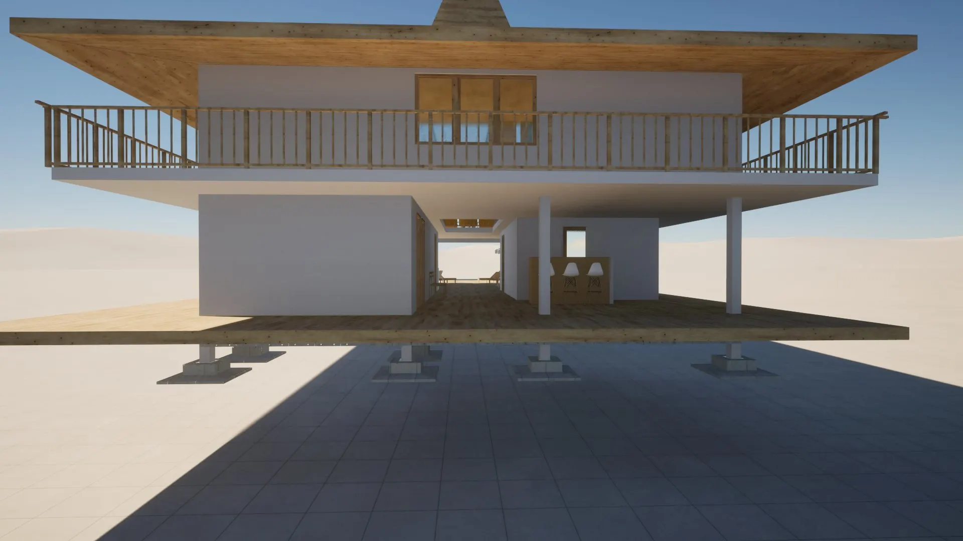Sumba Diving Center — Modello 3D — Vista Frontale sui Pilotis