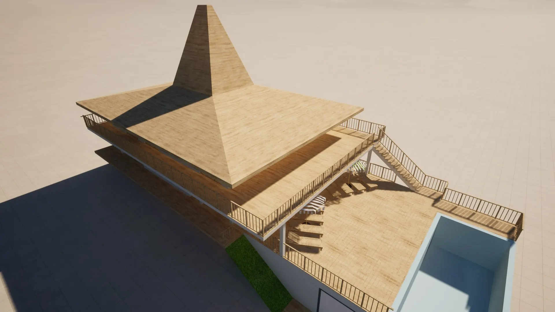Sumba Diving Center — Modello 3D — Vista a Volo d’Uccello del Tetto e dei Deck