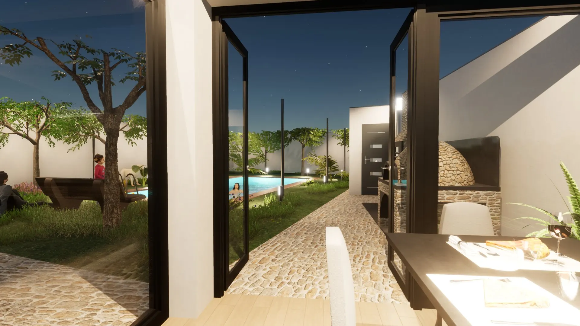 Contemporary House with Pool — Decimomannu — Modello 3D — Zona Pranzo Aperta sul Giardino