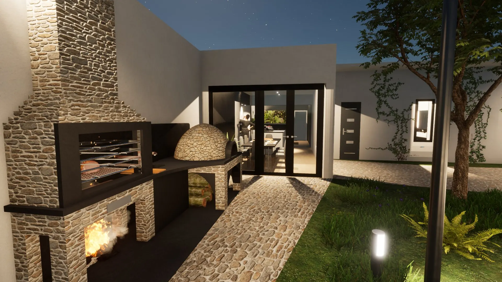 Contemporary House with Pool — Decimomannu — Modello 3D — Barbecue in Pietra e Forno a Legna