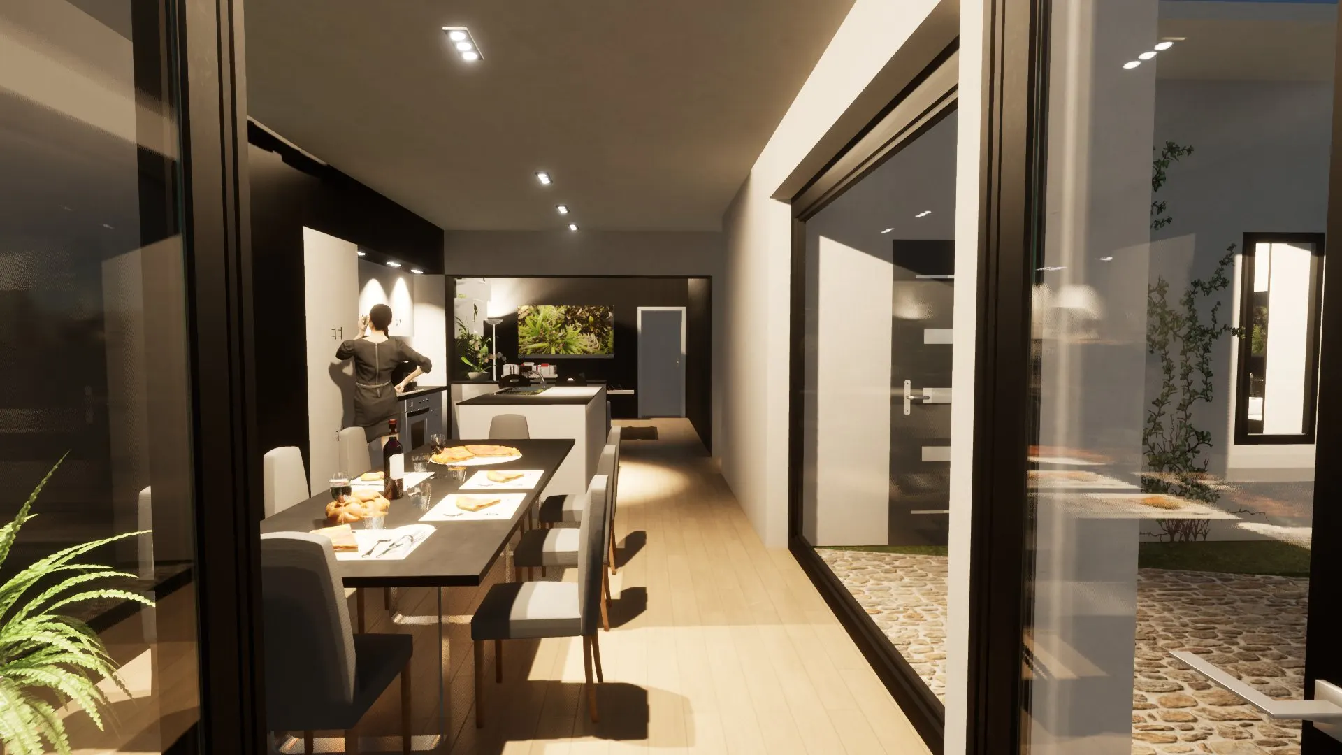 Contemporary House with Pool — Decimomannu — Modello 3D — Pranzo e Cucina verso il Giardino