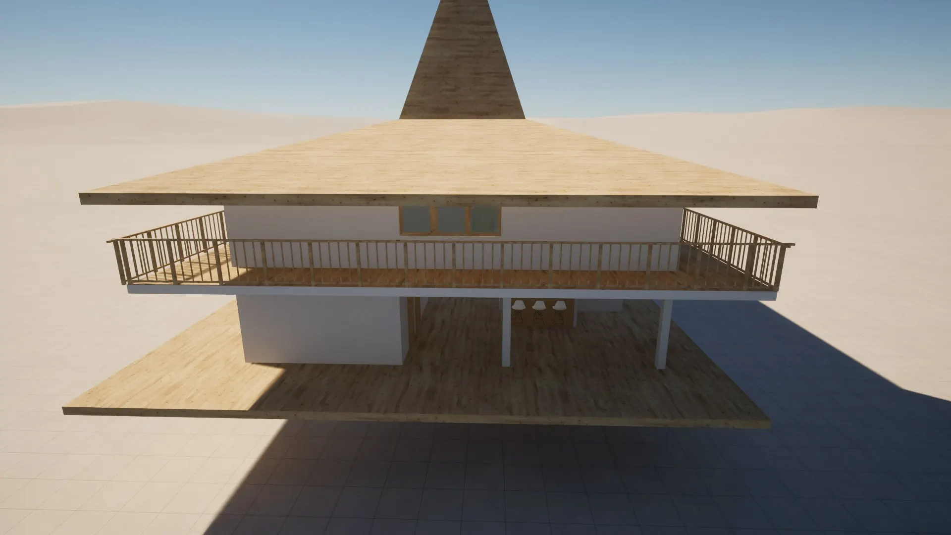 Sumba Diving Center — Modello 3D — Prospetto Principale e Tetto a Piramide