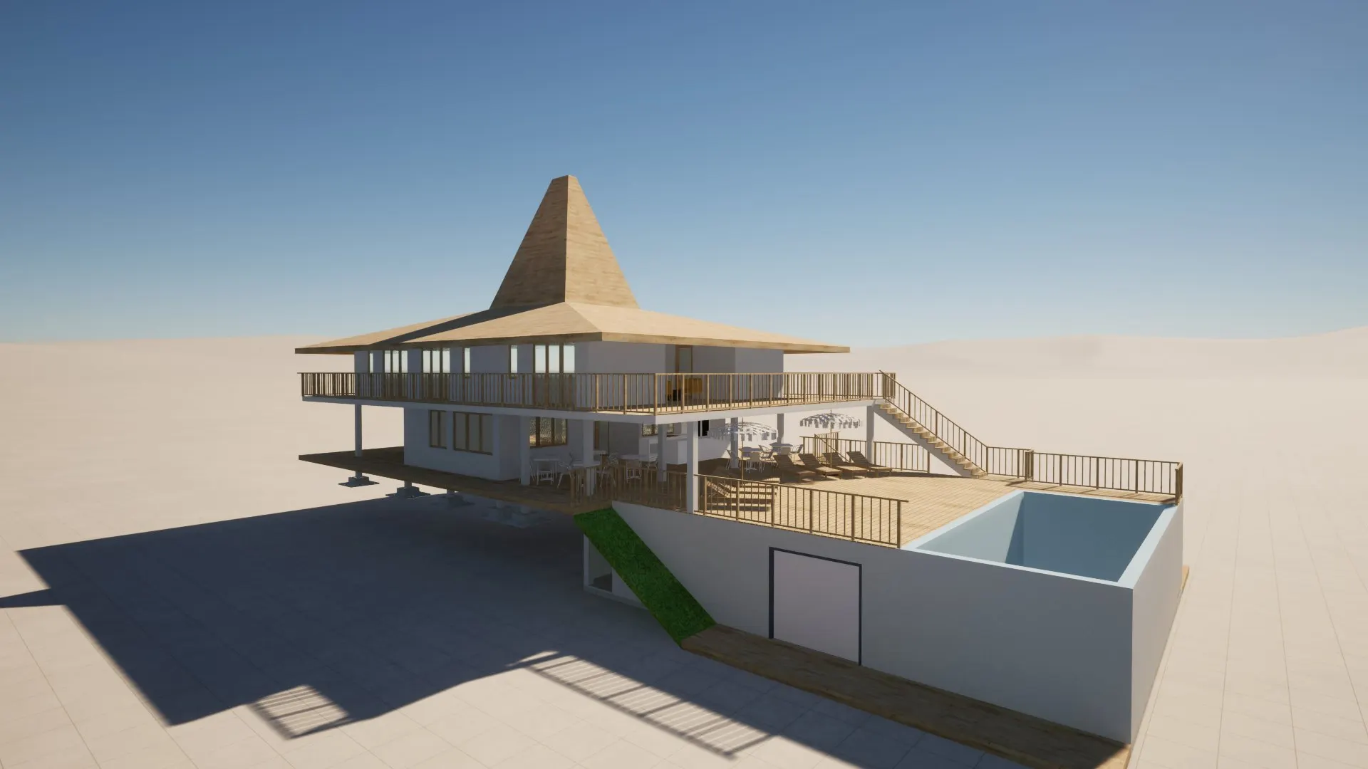 Sumba Diving Center — Modello 3D — Vista da Sud-Est con il Deck della Piscina