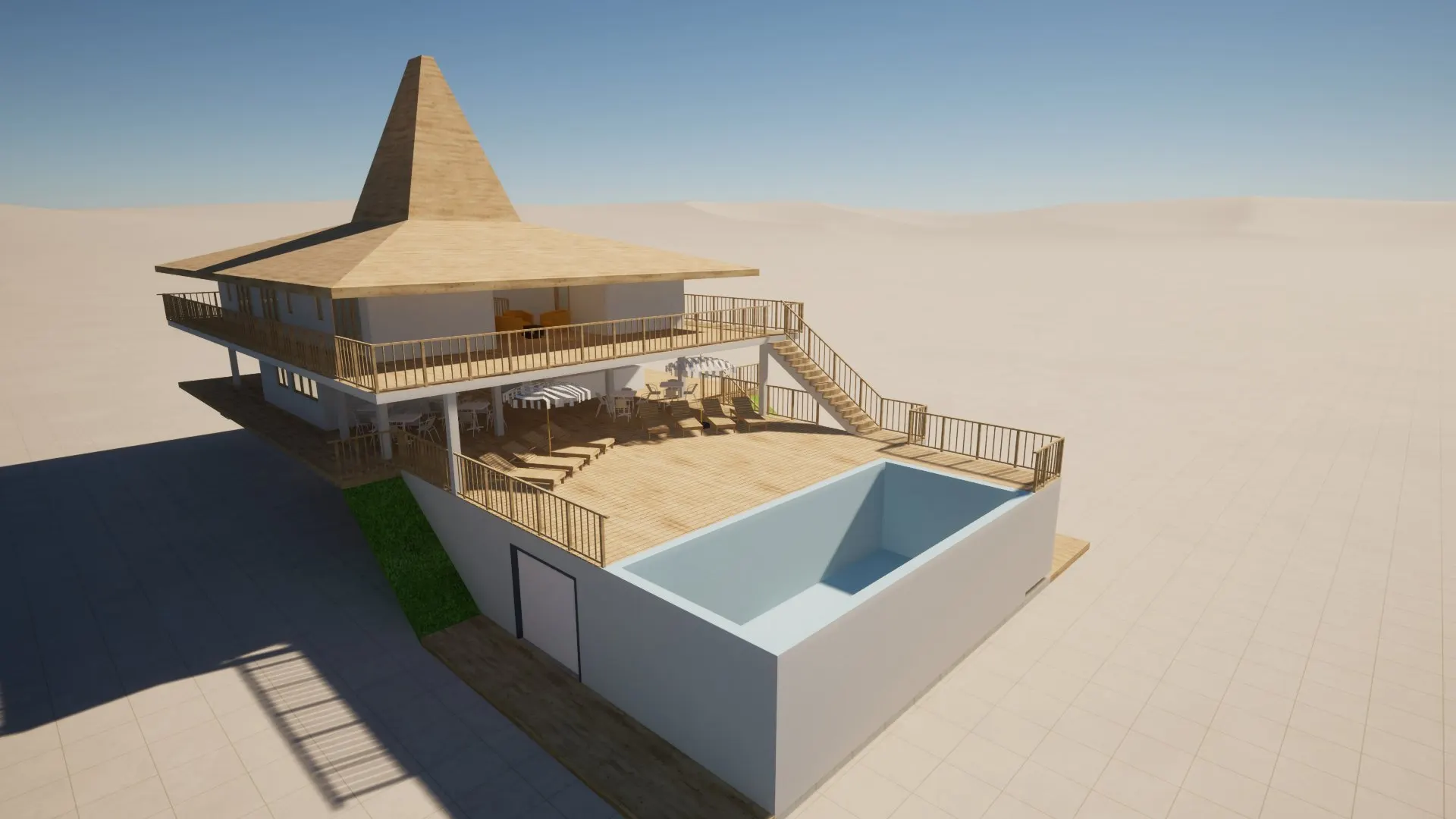 Sumba Diving Center — Modello 3D — Deck della Piscina e Lounge all’Aperto