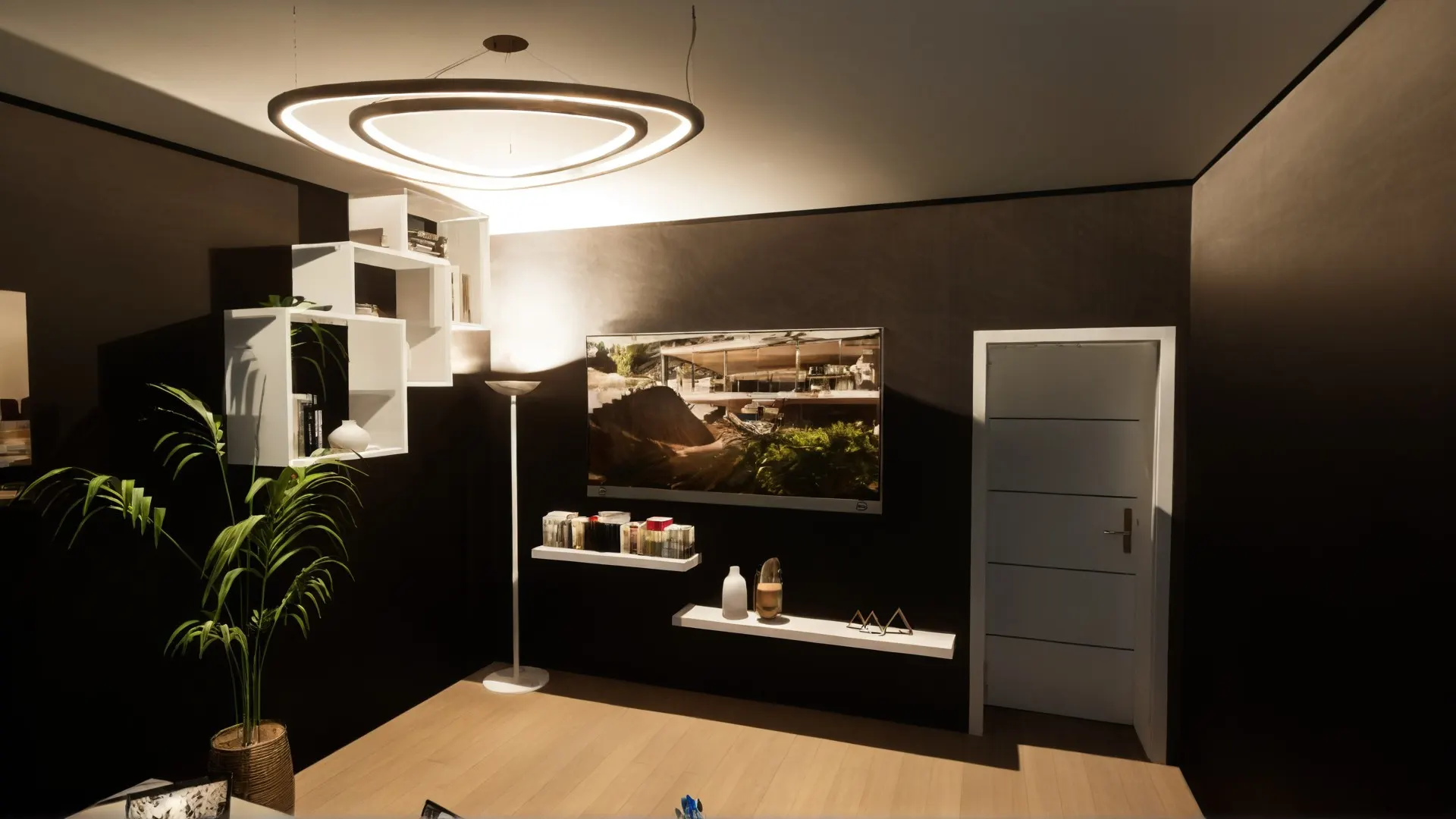 Contemporary House with Pool — Decimomannu — Soggiorno con Parete Attrezzata e Soffitto LED