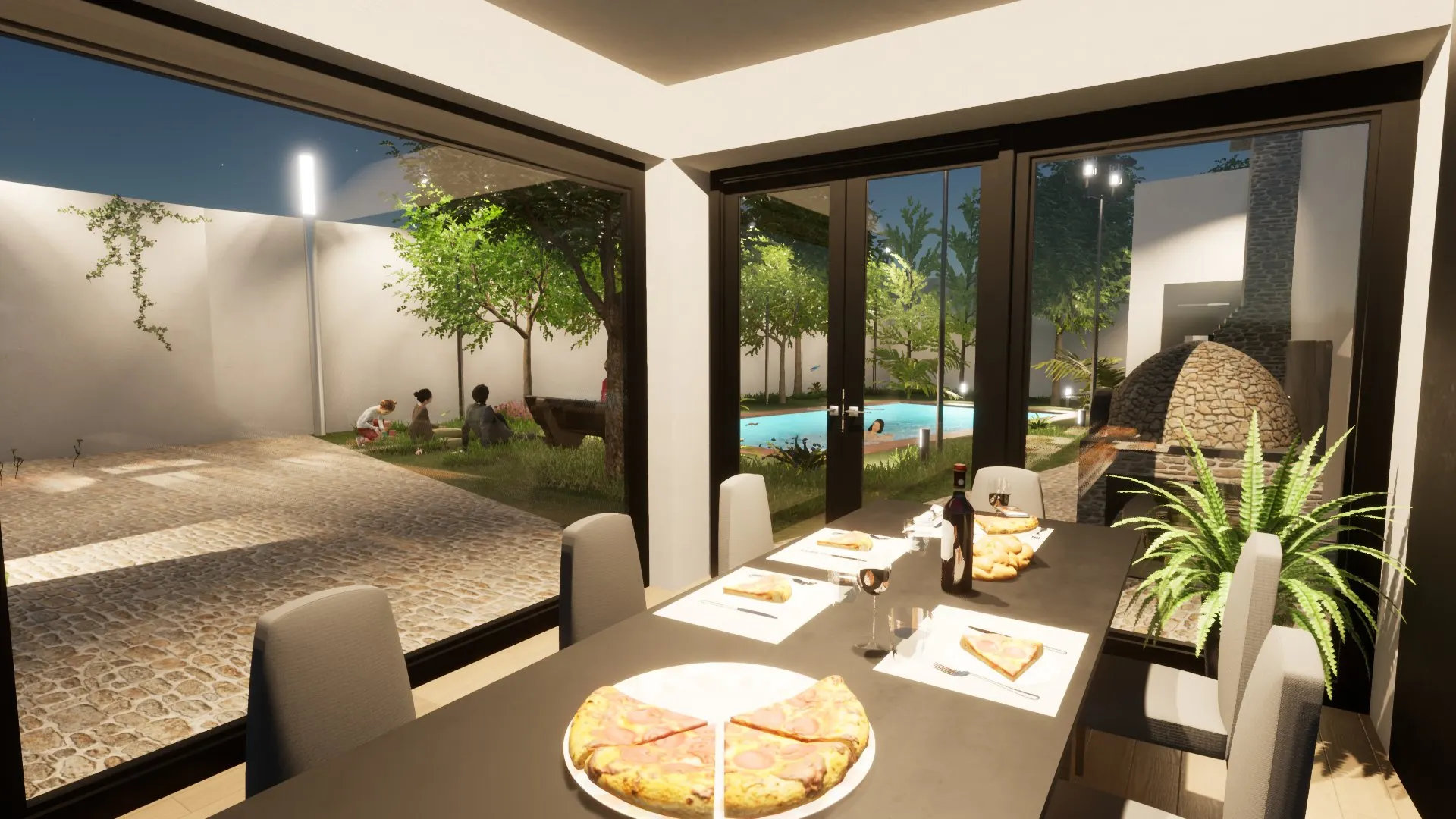 Contemporary House with Pool — Decimomannu — Modello 3D — Tavolo da Pranzo con Vista sul Giardino