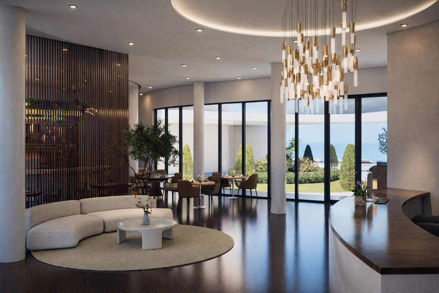 Luxury resort reception lobby Bali Nusa Penida ocean view architecture