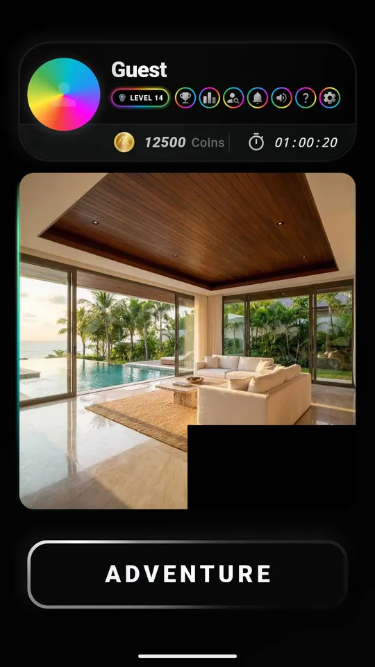 Startbildschirm von Puzzle AR mit der Schaltfläche Abenteuer und einem Interieur aus AR Design, das nach und nach sichtbar wird