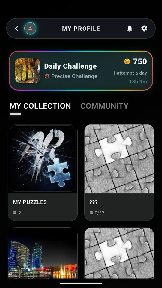 Profil in Puzzle AR mit der Tagesherausforderung, der Sammlung des Spielers und dem Community-Tab