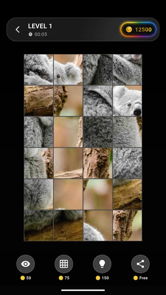 Ein Koala-Fotopuzzle im Spiel mit Timer, Münzen und den Schaltflächen für Vorschau, Raster und Tipp