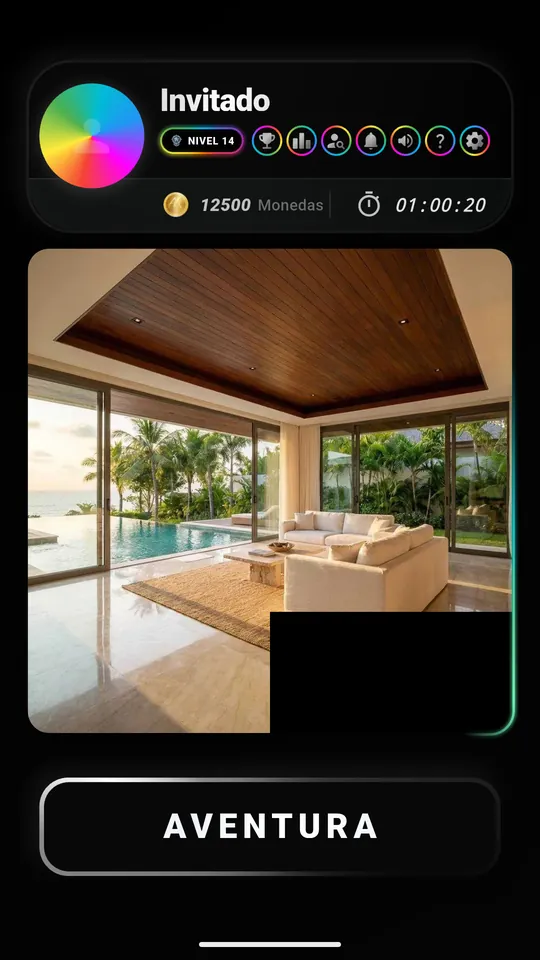 Pantalla de inicio de Puzzle AR con el botón Aventura y un interior de AR Design que se va descubriendo