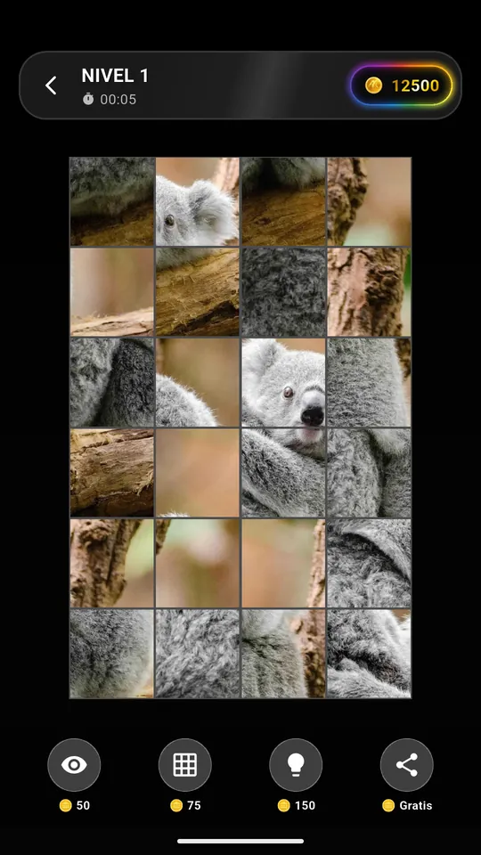 Puzzle de un koala en juego con temporizador, monedas y los botones de vista previa, cuadrícula y pista