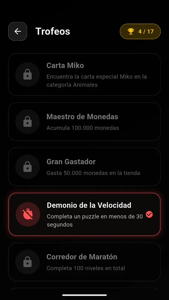 La lista de trofeos de Puzzle AR con el trofeo Demonio de la Velocidad desbloqueado
