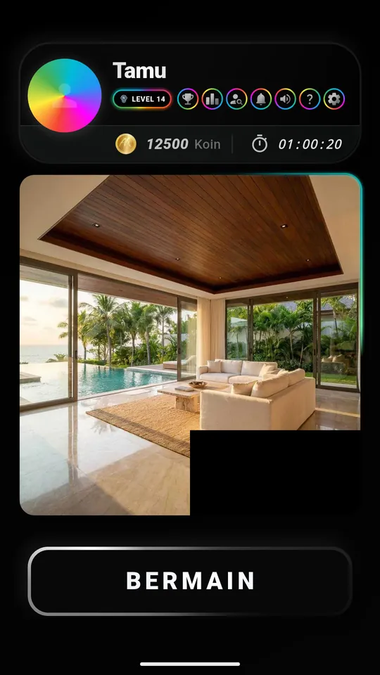 Layar beranda Puzzle AR dengan tombol Bermain untuk Petualangan dan interior AR Design yang sedang terungkap