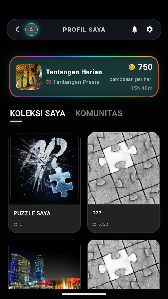 Profil Puzzle AR dengan Tantangan Harian, koleksi pemain, dan tab komunitas