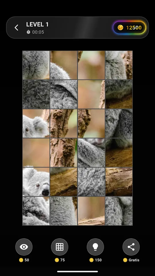 Puzzle foto koala yang sedang dimainkan dengan timer, koin, serta tombol pratinjau, grid, dan petunjuk