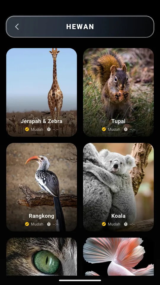 Kategori Hewan di Puzzle AR dengan puzzle jerapah, tupai, rangkong, dan koala