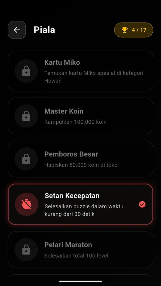 Daftar trofi Puzzle AR dengan trofi Setan Kecepatan yang sudah terbuka