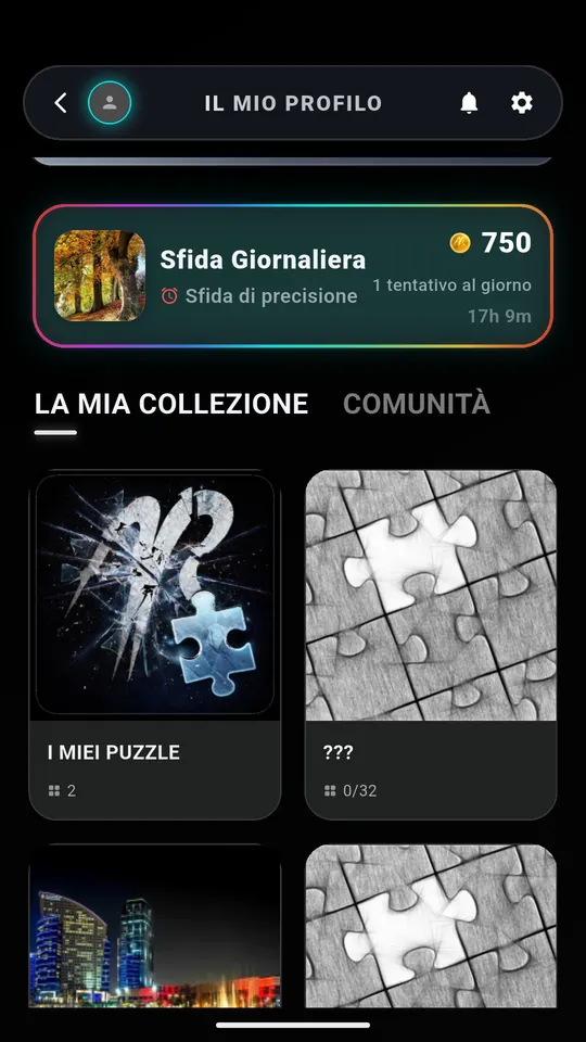 Profilo di Puzzle AR con la Sfida giornaliera, la collezione del giocatore e la scheda della comunità