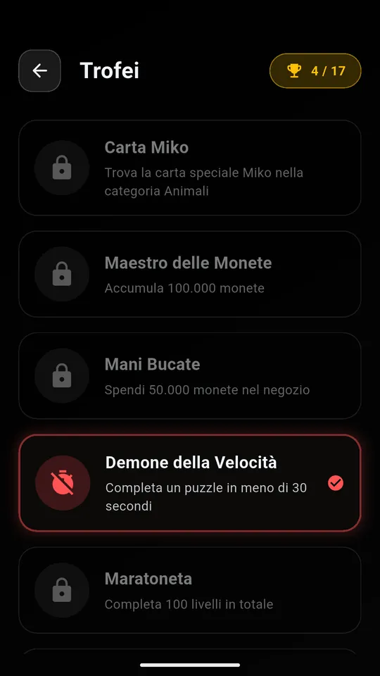 L'elenco dei trofei di Puzzle AR con il trofeo Demone della Velocità sbloccato