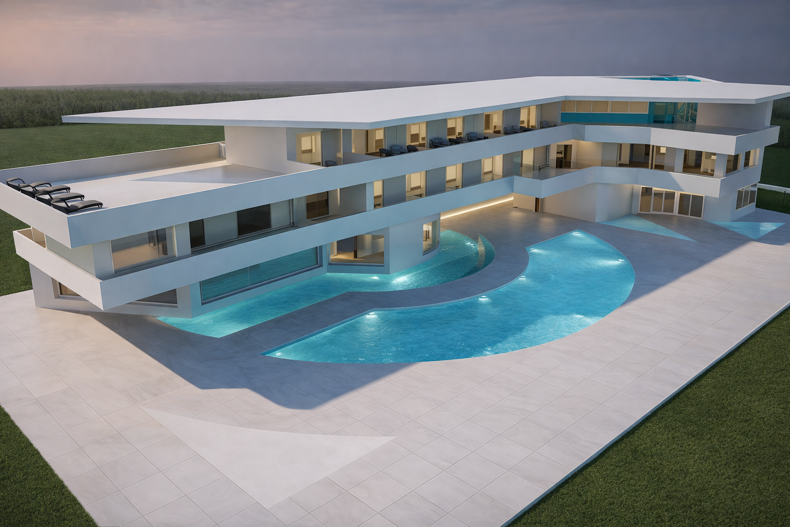 Modern luxury villa with curved pool
