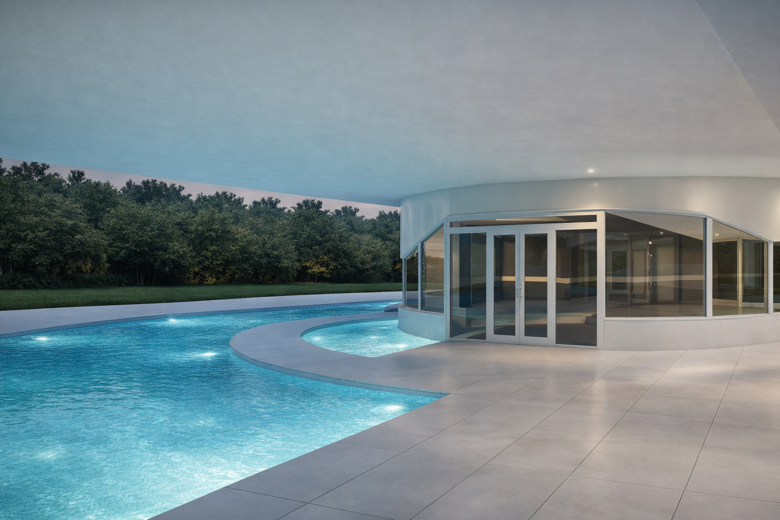 Modern pool and glass-enclosed home